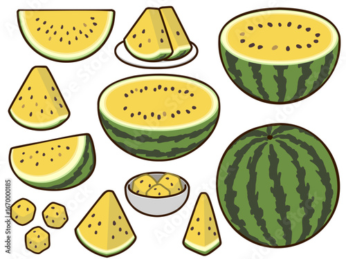 Colorful illustration of various cuts and arrangements of yellow watermelons.