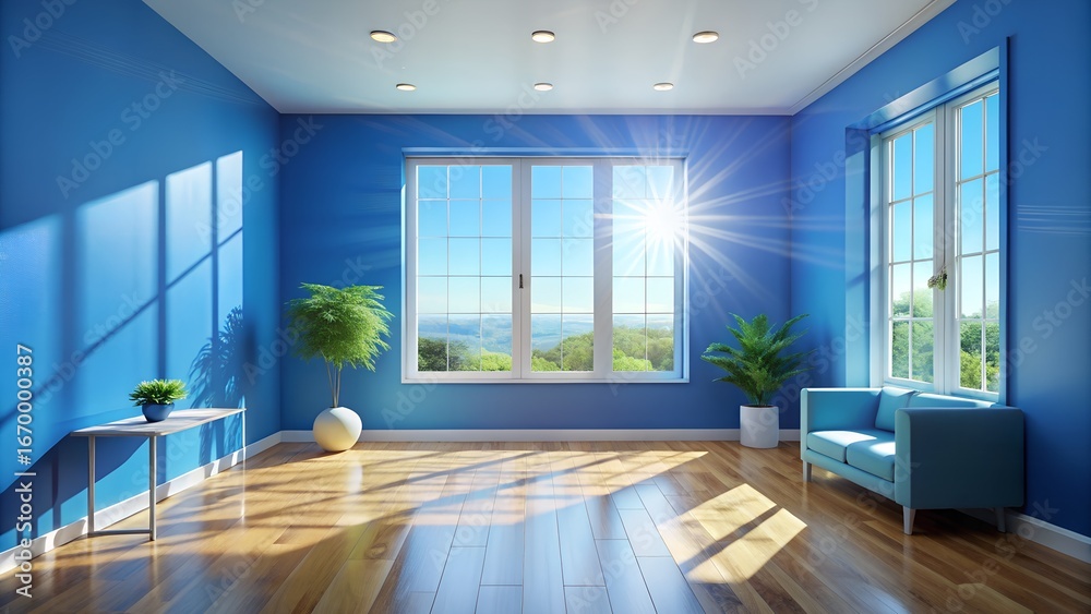 Fototapeta premium Bright blue room with sunlight and plants