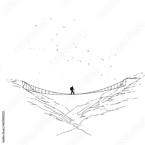 Suspension bridge trek illustration for adventure travel and hiking trails in mountain scenery design vector art