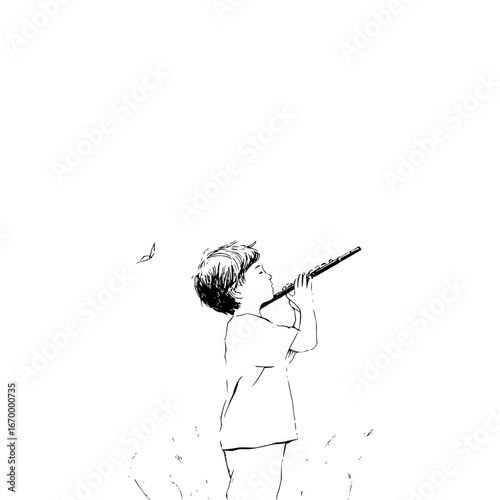 Boy playing flute musical instrument black and white sketch drawing minimalist art music education illustration 100