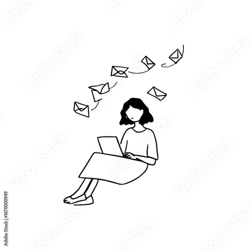 Woman working on laptop receiving emails vector illustration for business communication concept design use case