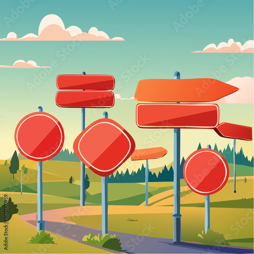Collection of many red blank road signs vector