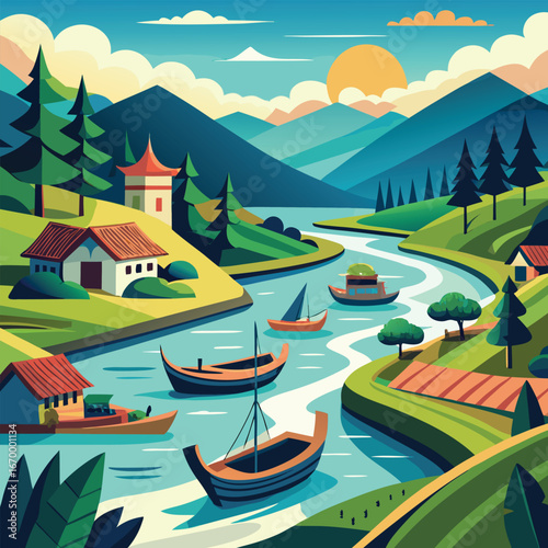 Green mountain landscape with cartoon houses, a rural village scene with a field and a lake under a blue sky