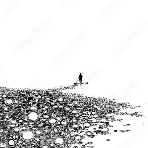 Black and white stand up paddle boarding illustration of a person on the water surface drawing art