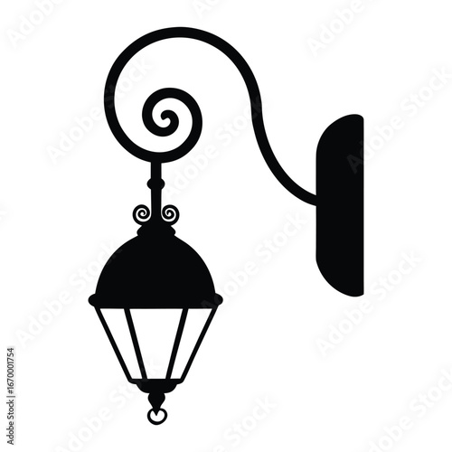 Vintage street lamp post with ornate antique metal lantern and glass bulb vector illustration