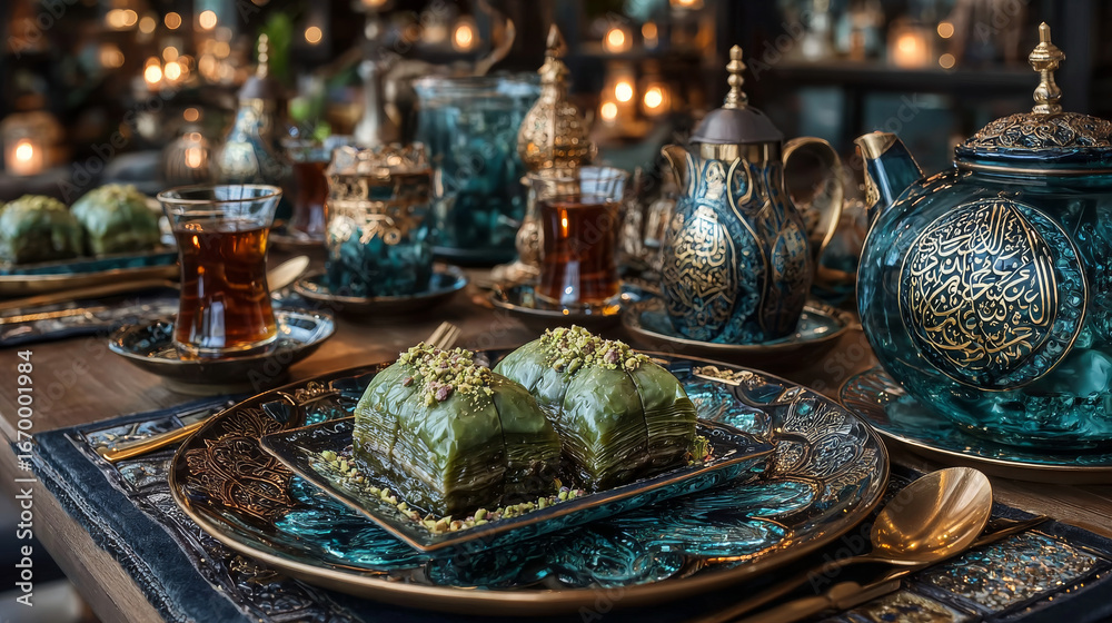 Fototapeta premium Traditional turkish, arabic dessert baklava assortment with pistachio. Ramadan sweets. with a mockup food box. Middle Eastern desserts with tea and honey for ramadan iftar.
