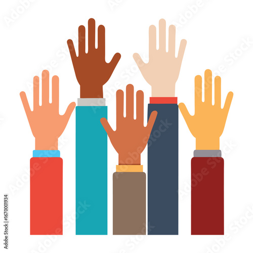 Volunteer team hands raised up in a silhouette illustration with human fingers intertwined for a symbol of help