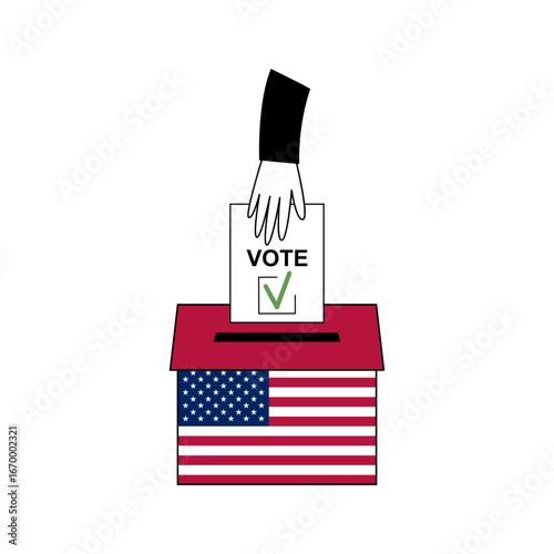 Illustration of a transparent ballot box with an American flag, a hand holding a voting ballot marked with a check, and the word 'VOTE' on a white background. 