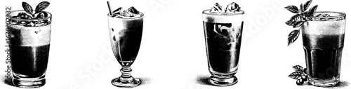 Refreshing iced coffee in tall glass with straw and ice cubes. Glass filled with refreshing beverage vector transparent illustration