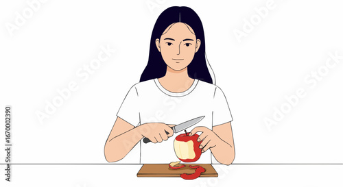 Young woman peeling apple with knife while sitting at kitchen table  