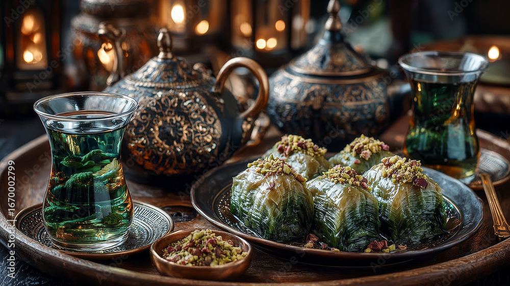 Fototapeta premium Traditional turkish, arabic dessert baklava assortment with pistachio. Ramadan sweets. with a mockup food box. Middle Eastern desserts with tea and honey for ramadan iftar.