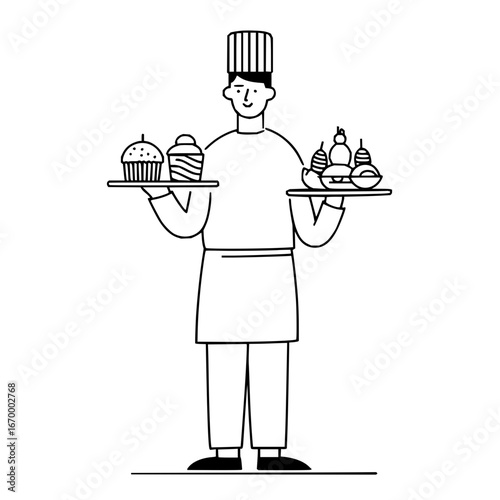 Chef holding dessert trays vector illustration for bakery menu design and pastry shop promotion material