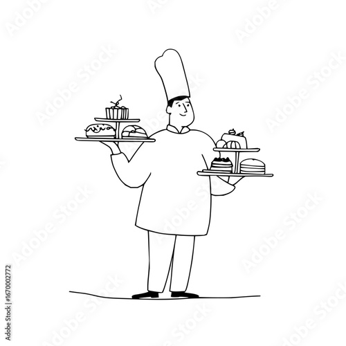 Chef carrying cakes desserts vector illustration for bakery restaurant and food service designs is here now