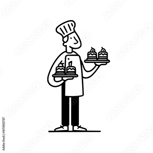 Chef holding cakes bakery dessert pastry sweets confectionery professional baker delicious food service line art 100