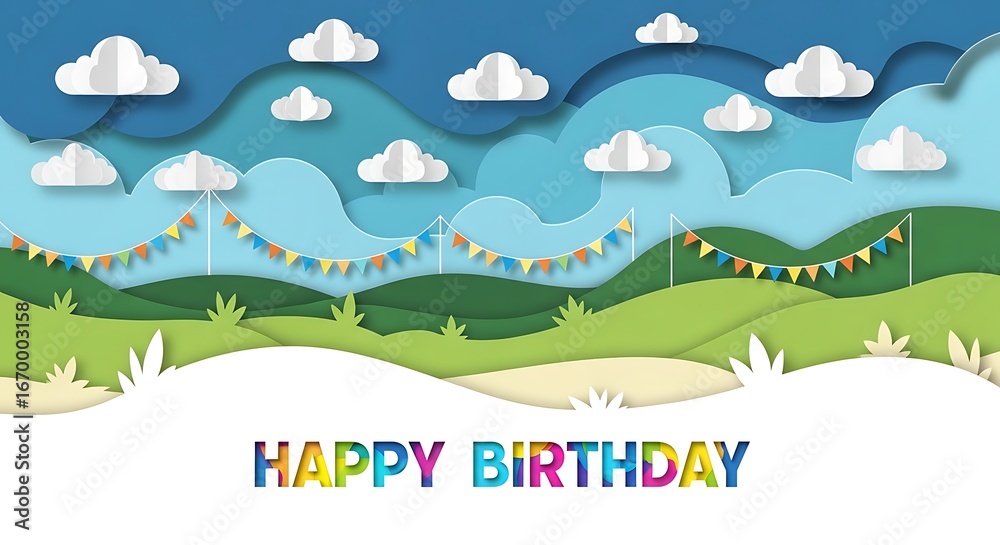 Obraz premium Colorful Birthday Banner in Paper Cutout Style with Clouds and Green Hills for Celebration