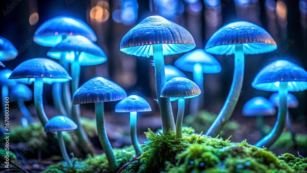 Fototapeta premium Bioluminescent mushrooms glowing in a forest