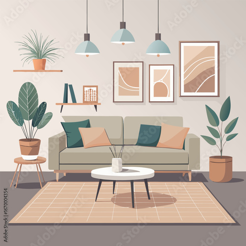 Modern living room with stylish furniture and a cozy sofa by the window