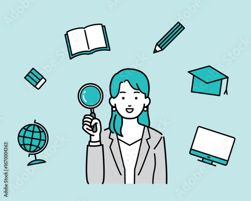 虫眼鏡を持ったビジネスウーマンイラスト