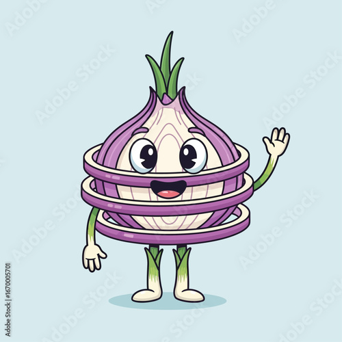 A cute cartoon red onion character with a smiling face and waving hand, depicted with its layers separated.