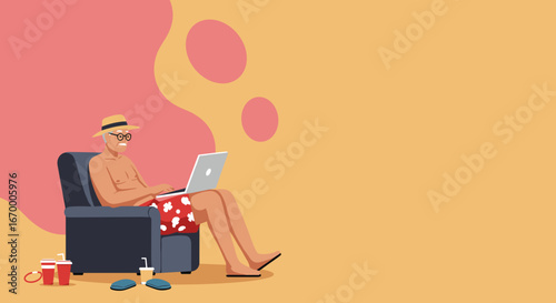 A senior man relaxes in an armchair, using a laptop in a vibrant, leisurely setting, embodying remote work and a modern retirement lifestyle.