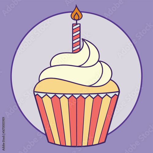 Birthday cupcake with cream frosting and single candle celebration dessert illustration 
