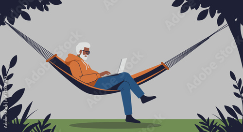 A senior man relaxes in a hammock outdoors, working on his laptop. This image represents modern retirement, remote work, and a balanced lifestyle.