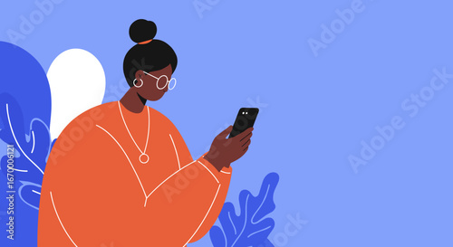 Stylish woman focused on her smartphone, engaging with digital content or social media. Ideal for technology, communication, or modern lifestyle themes.