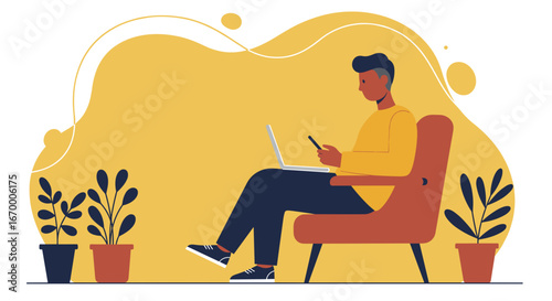 Man comfortably works from home, managing tasks on his laptop and smartphone. Illustrates remote work, online learning, or digital communication.