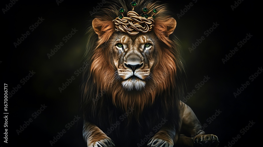 Obraz premium A powerful portrait of a majestic wild lion with a huge mane on a black background
