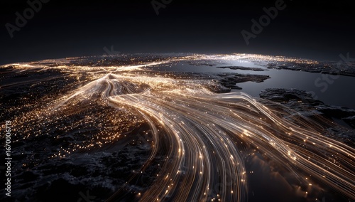 Aerial view of a network of glowing city lights at night