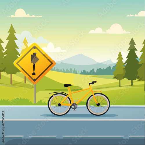 Yellow road warning sign with bicycle