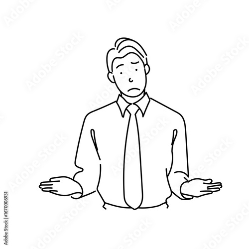 比較に悩むスーツ姿の男性の困惑した表情を描いたモノクロ線画ベクターイラスト