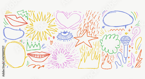 Colorful punk music drawn doodles set with lips, hearts, stars, flames, crowns, comic sketch elements. Crayon sketch kid style illustration for posters wall art.