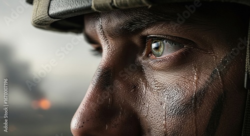 Close up of a soldier's face with a tear running down his cheek on a battlefield