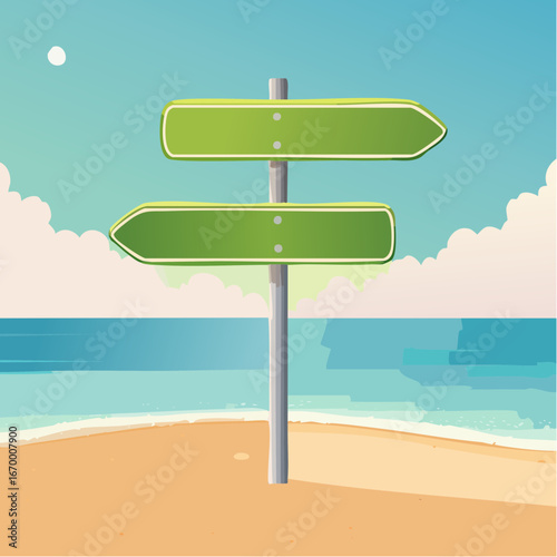 Green road arrow sign Summer on the beach