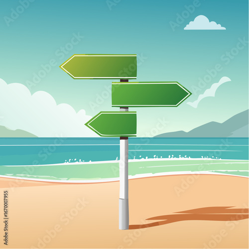 Green road arrow sign Summer on the beach