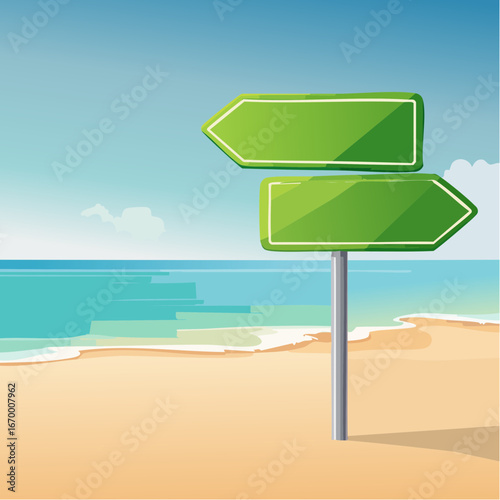 Emerald Directional Arrow Sign Indicating Summer Beach Pathway, Vibrant Coastal Scene