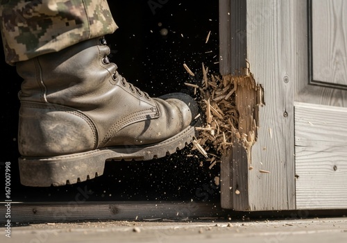 Soldier's boot kicking and breaking down a wooden door during a military special operation