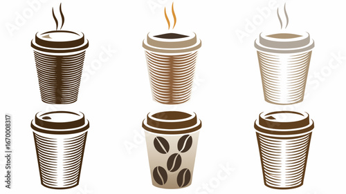 Illustration of six coffee cups with lids and steam in various styles and color schemes on white background | editable eps vectors silhouette