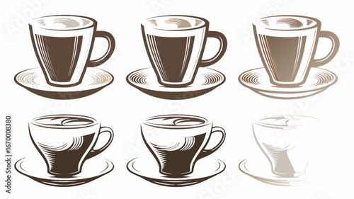 Illustration of six coffee cups with saucers in a symmetrical arrangement on a white background design | editable eps vectors silhouette
