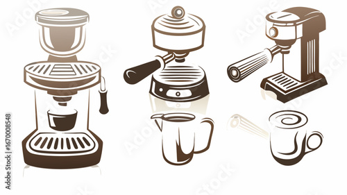 Illustration showing three espresso machines, a milk pitcher and a coffee cup on a white background | editable eps vectors silhouette