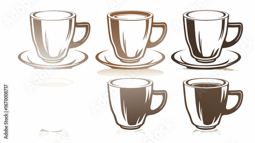 Illustration showing a collection of coffee cups and saucers in various shades of brown color palette | editable eps vectors silhouette