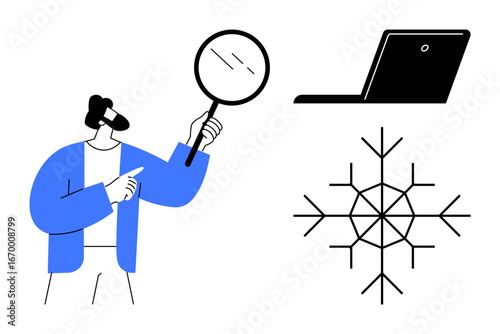 Person holding magnifying glass, laptop, and snowflake shape illustrating scrutiny, innovation, and uniqueness. Ideal for research, technology, innovation, analysis individuality focus