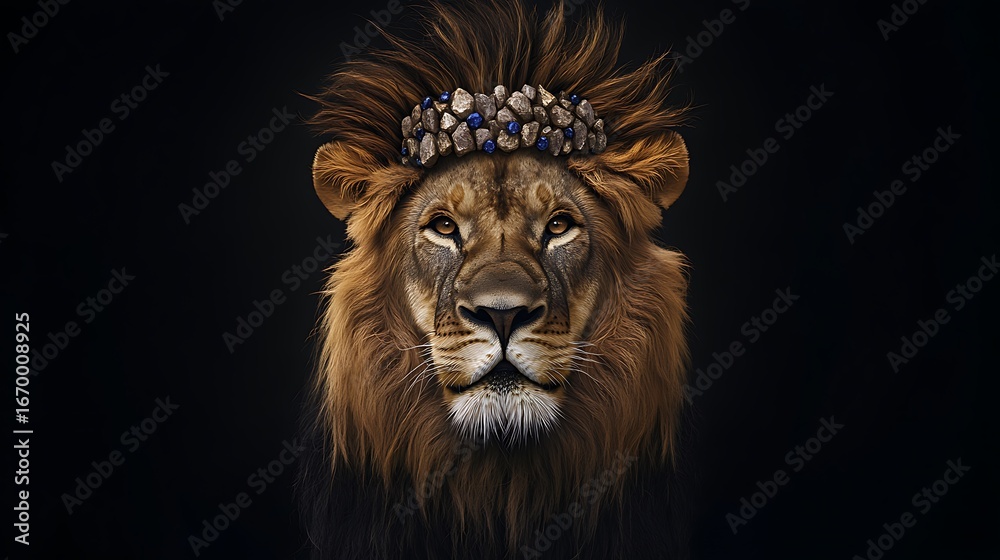 Fototapeta premium A striking portrait of a male lion with a powerful mane, capturing the face of the king of the jungle