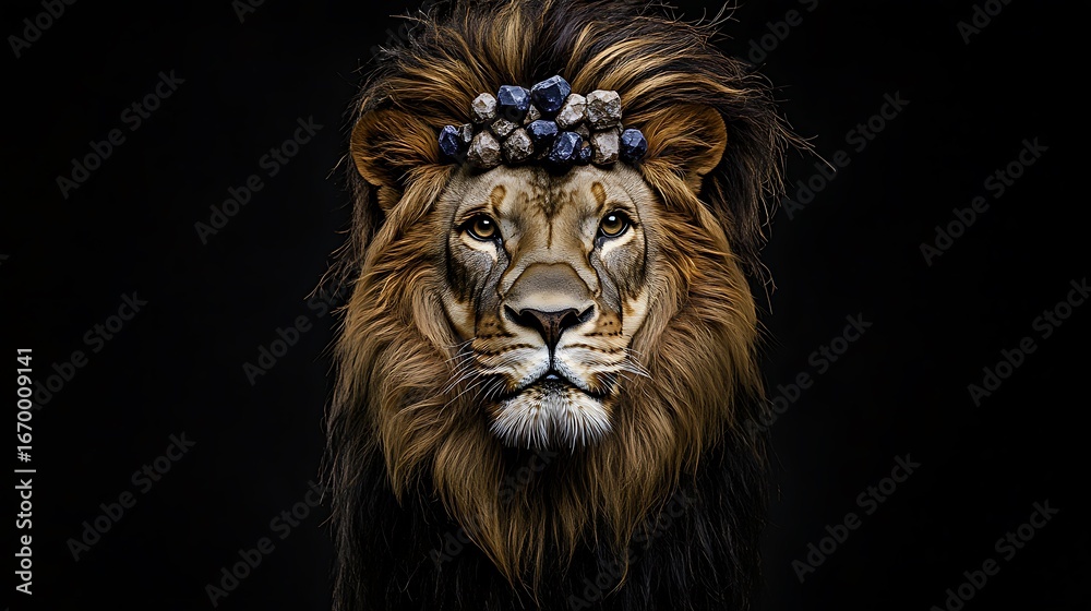 Fototapeta premium A striking portrait of a male lion with a powerful mane, capturing the face of the king of the jungle