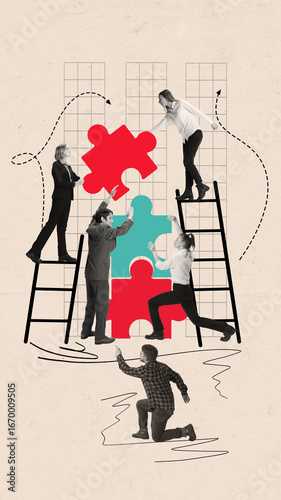 Obraz na płótnie Creative collage. Teamwork concept with business people assembling giant puzzle pieces on abstract background. Concept of collaboration, corporate problem solving, partnership, strategy, and success.
