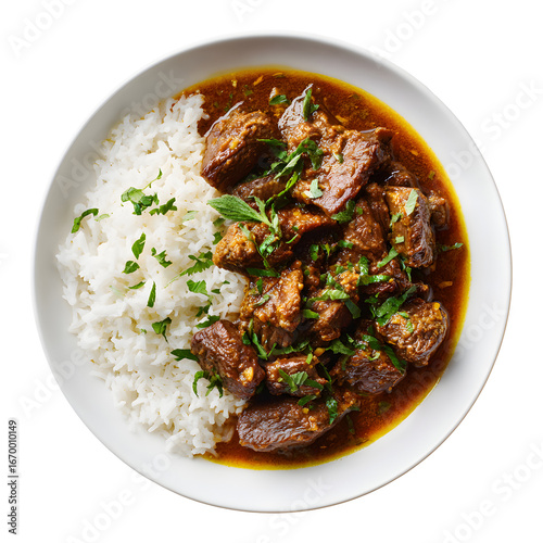 Bilde på lerret Indian beef curry stew with rice in a bowl, isolated prepared dish, on transparent background, for restaurant menu