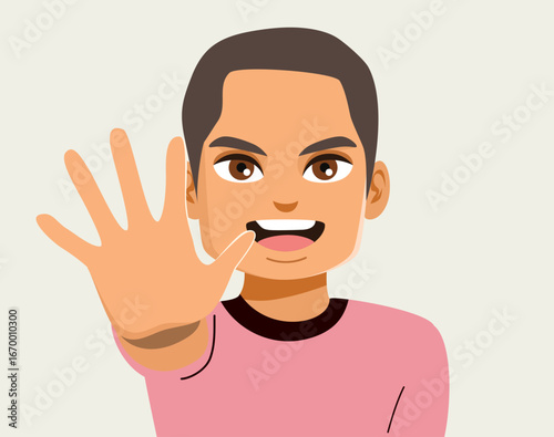 Engaging cartoon illustration of a confident Hispanic man raising his palm with five fingers displayed. Clip art for tutorials, educational content, instructional material and business presentations