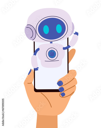 Modern cartoon illustration of a friendly AI robot displayed on a smartphone held by a female hand. Clip art for tech startups, app development, artificial intelligence promotion and digital assistant