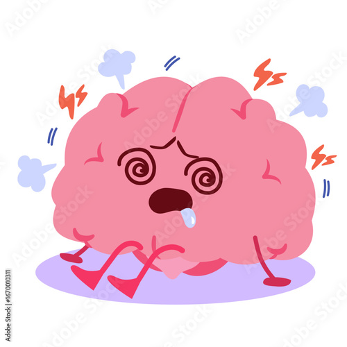 Expressive cartoon illustration of an exhausted, overwhelmed brain character. Clip art mascot for mental health awareness, stress management materials, burnout prevention campaign and psychological ed
